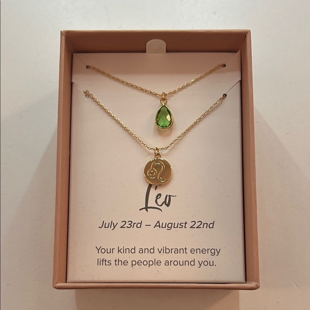 Leo Zodiac Gold Necklace Set with Green Teardrop Pendant